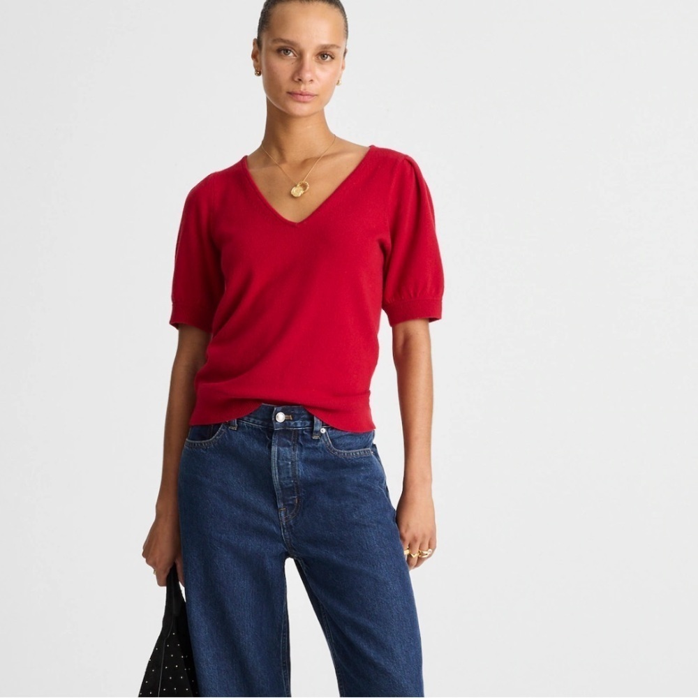 New - Madewell cashmere V-Neck Puff-Sleeve Sweater Tee - Picture 1 of 5